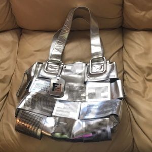 FENDI Silver Metallic Leather Woven Crossword Bag
